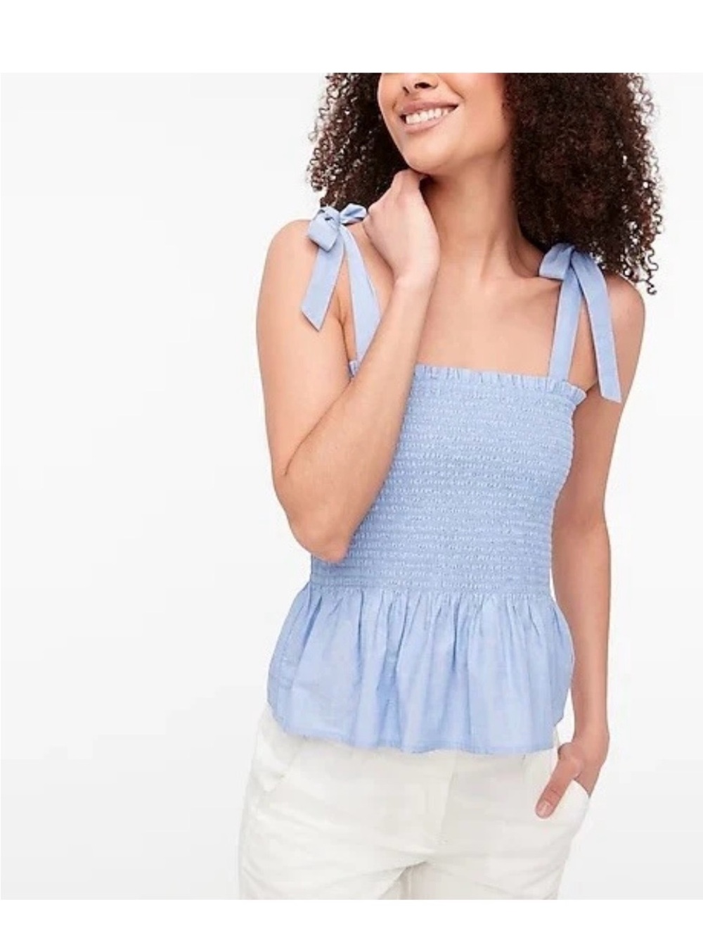 J. Crew Light Blue Smocked Tie-Shoulder Peplum Tank Size Medium